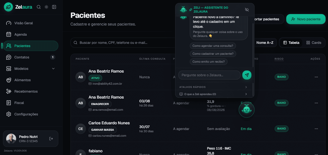 Tela de pacientes da Zelaura