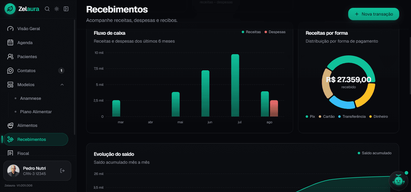 Tela de recebimentos e financeiro da Zelaura